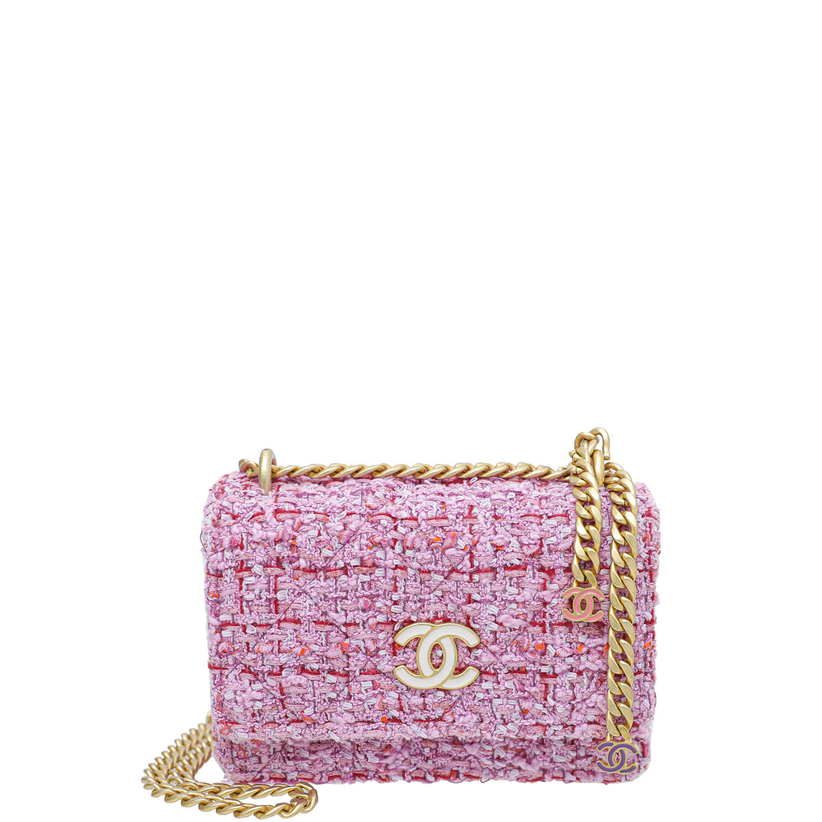 Chanel Pink Tweed Enamel Quilted Pending CC Mini Wallet on Chain