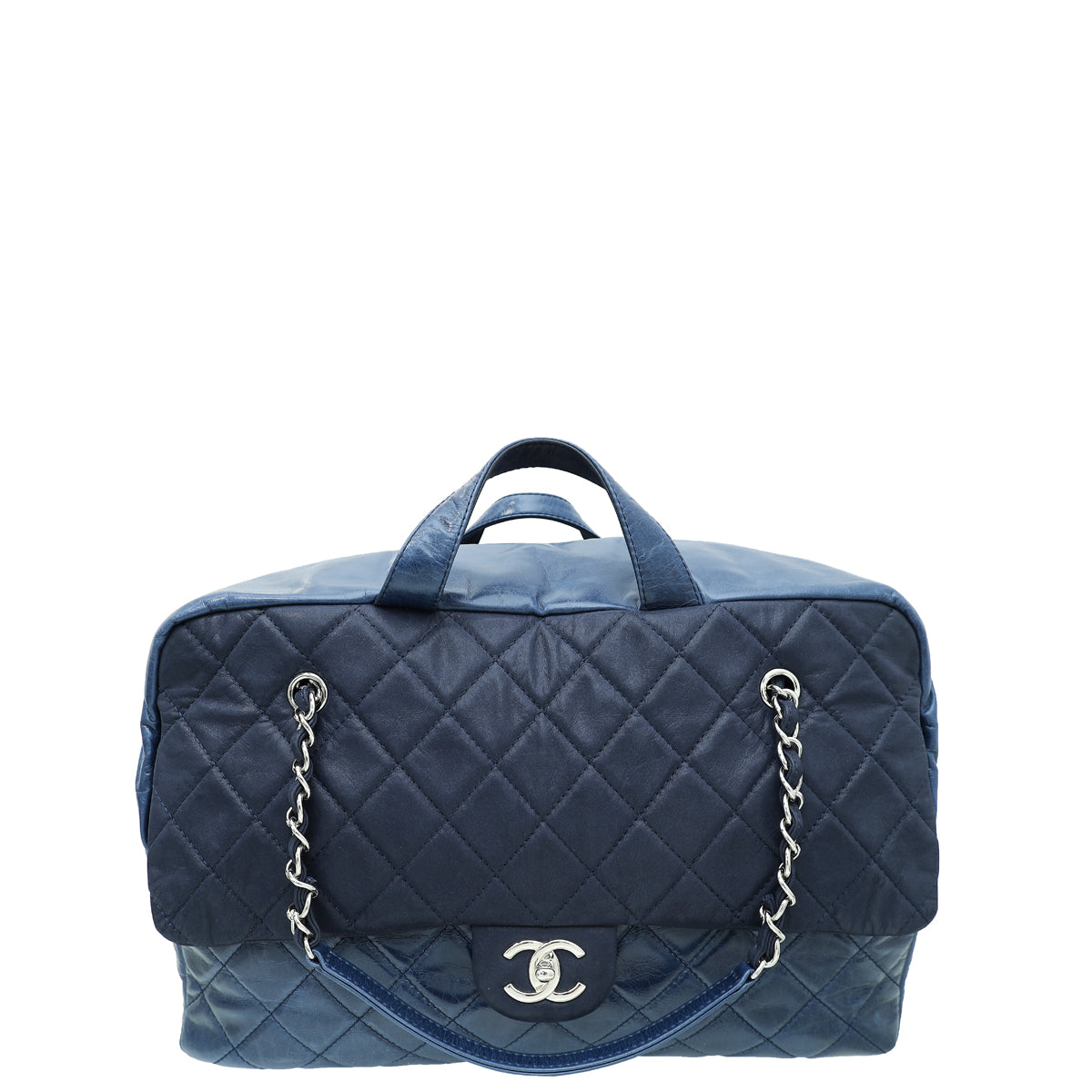 Chanel Blue Aged Flap Top Handle Bowling Bag