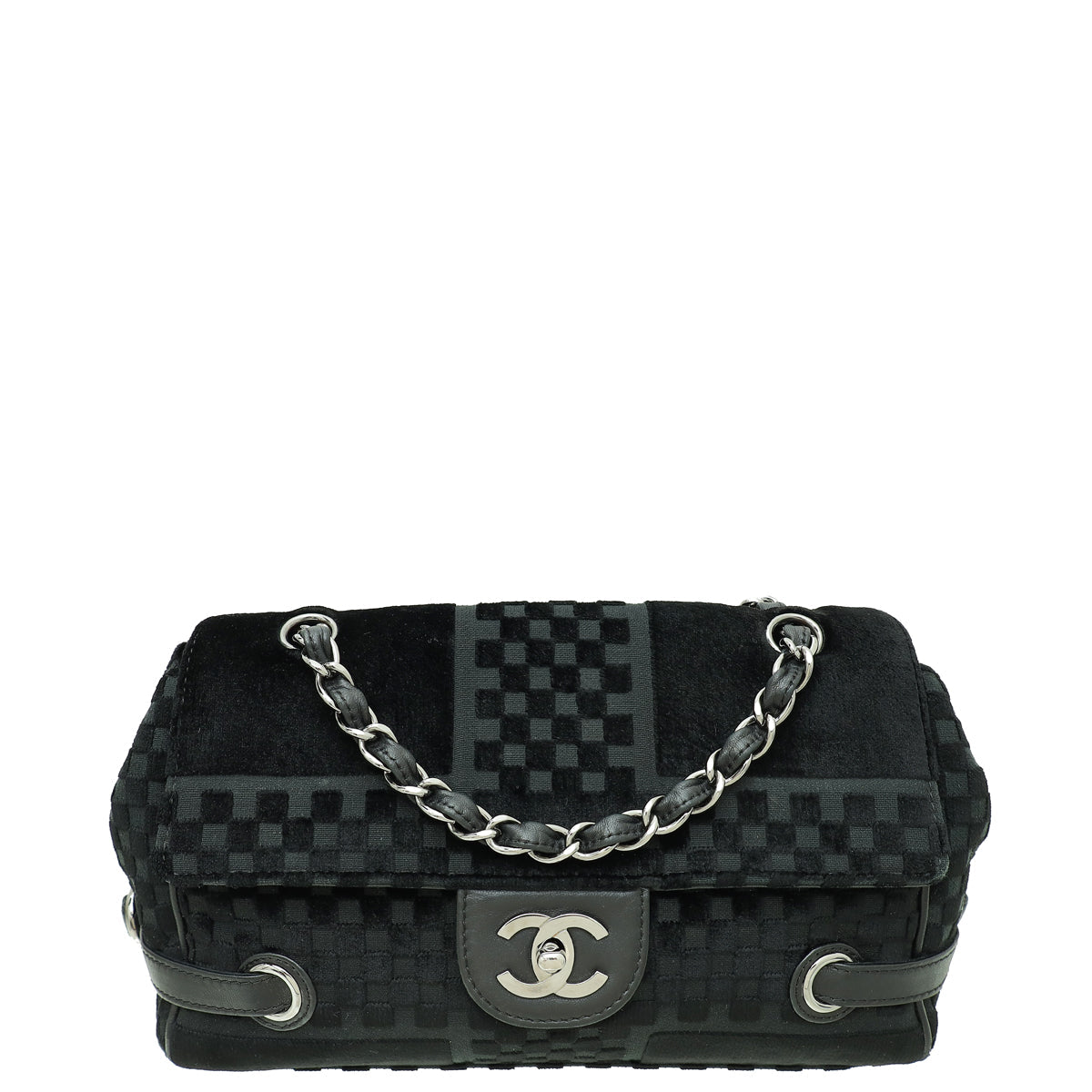 Chanel Black Check Embossed Velvet Side Belted Shoulder Bag