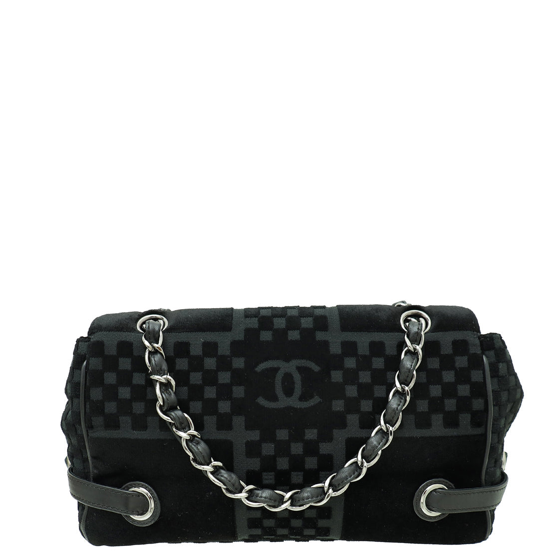 Chanel Black Check Embossed Velvet Side Belted Shoulder Bag