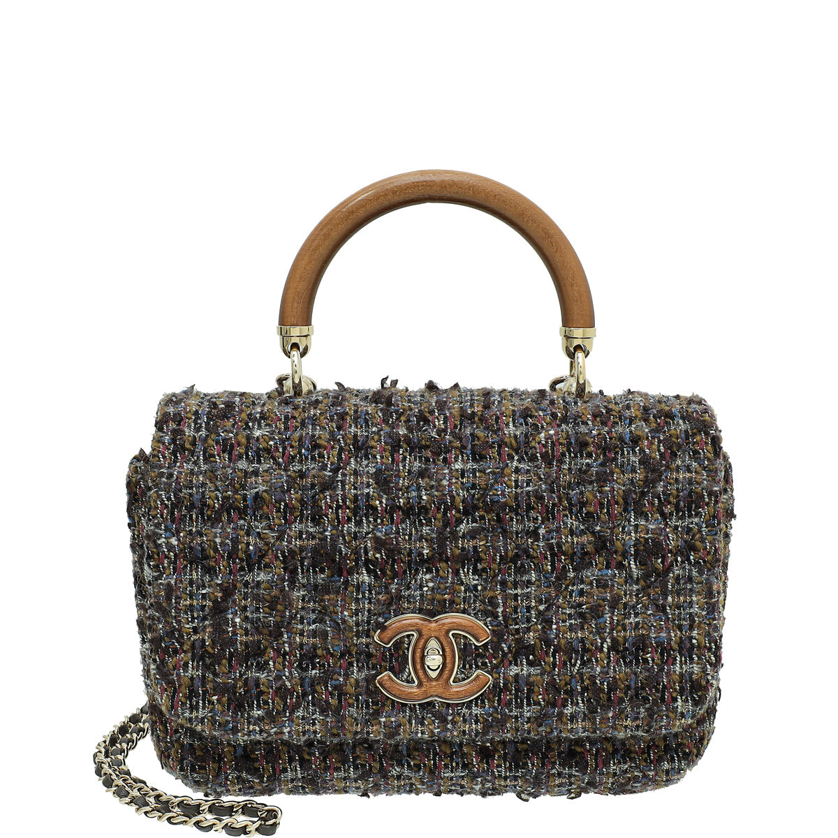 Chanel Brown Multicolor CC Wood Coco Handle Tweed Mini Flap Bag