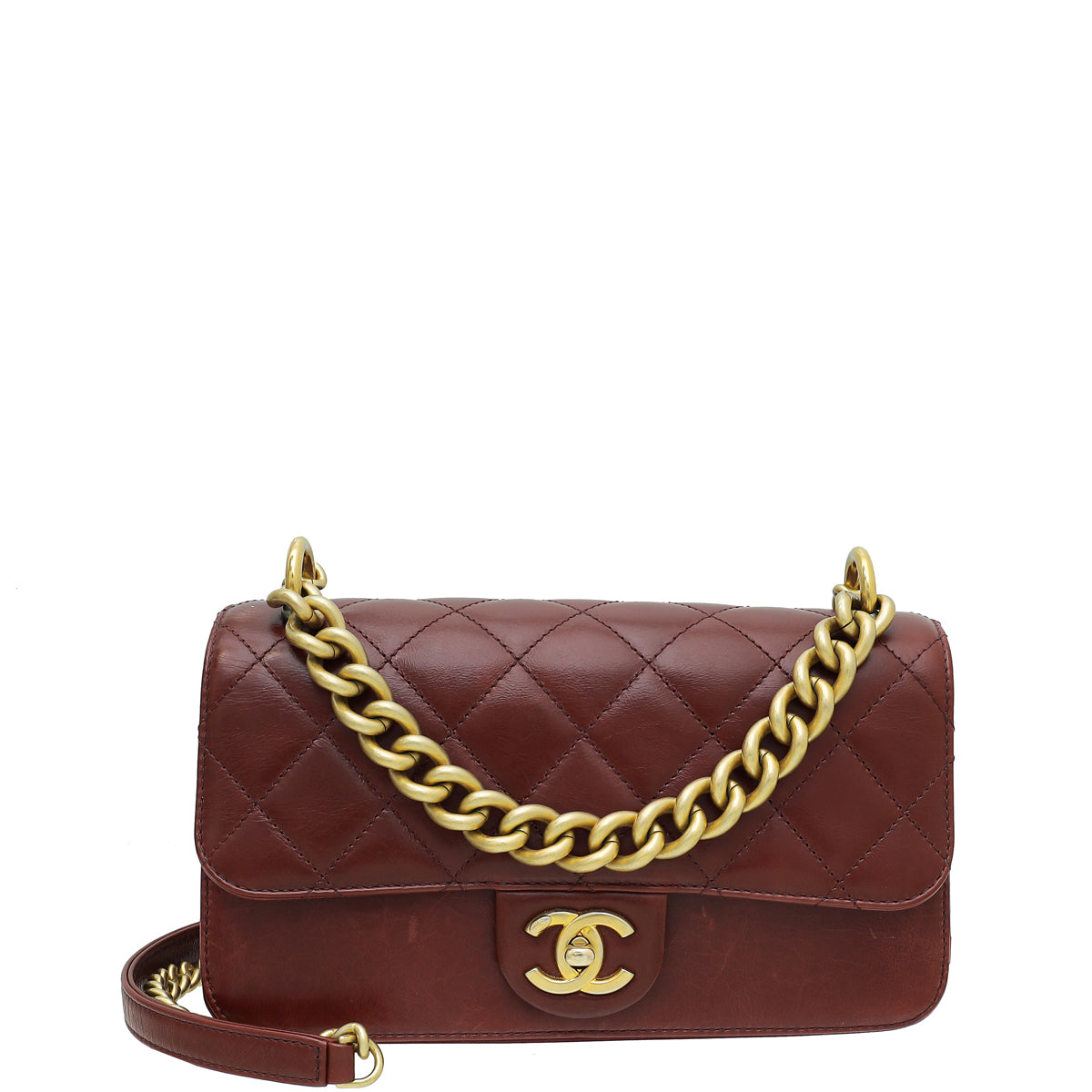 Chanel Brown Red CC Straight Lined Flap Small Bag