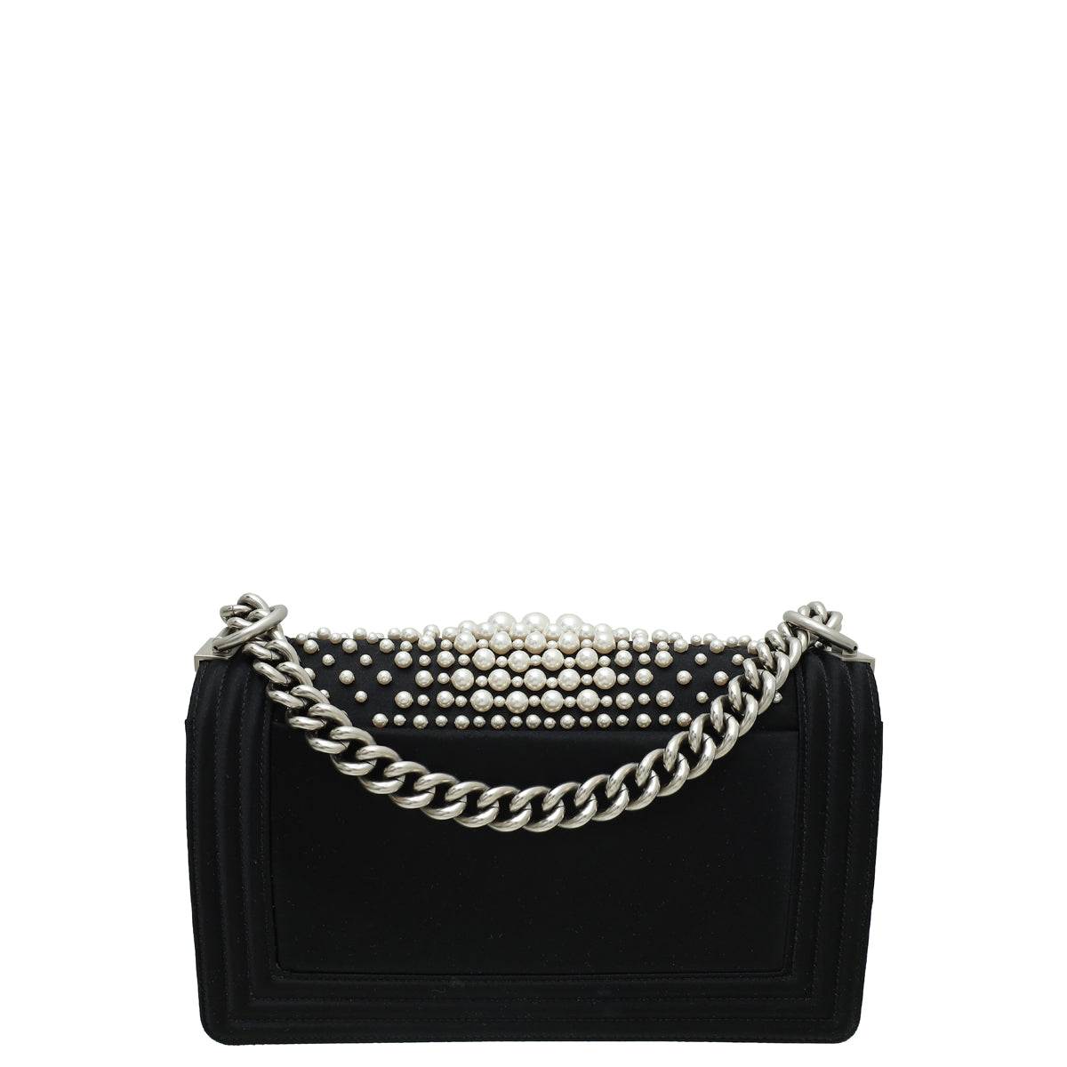 Chanel Black Satin Pearl Embellished Le Boy Medium Bag