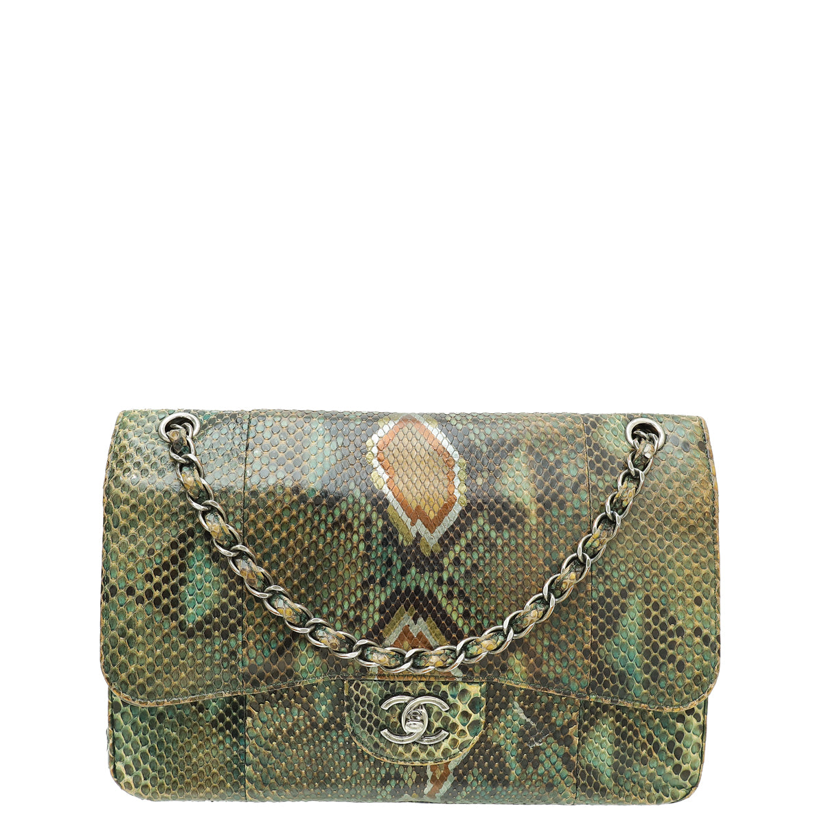 Chanel Green Multicolor Python Classic Double Flap Jumbo Bag