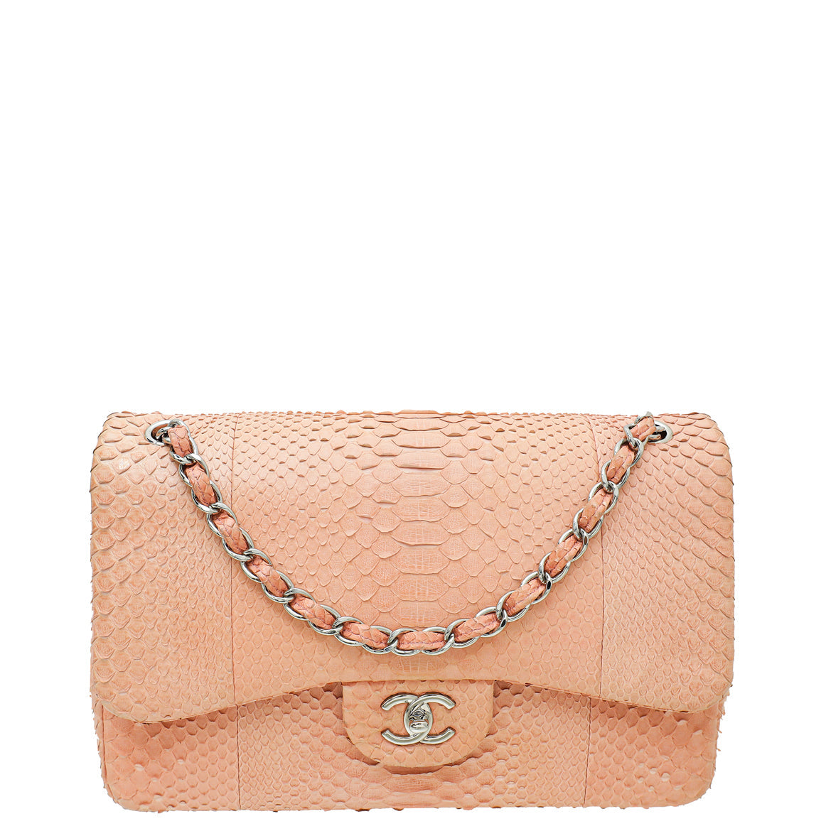 Chanel Peach Python CC Classic Double Flap Jumbo Bag