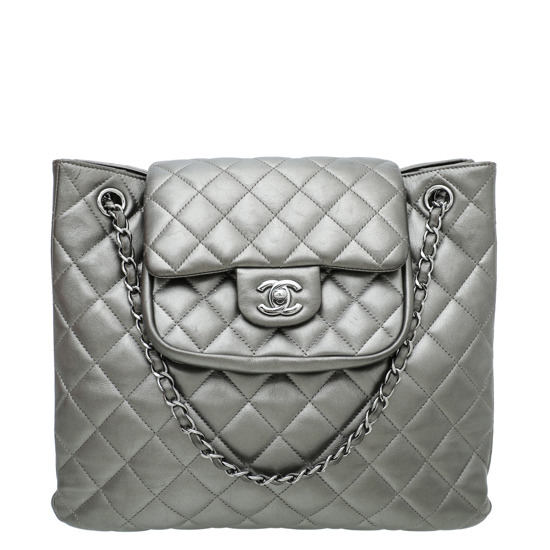 Chanel Metallic Grey CC Front Pocket Tote Medium Bag