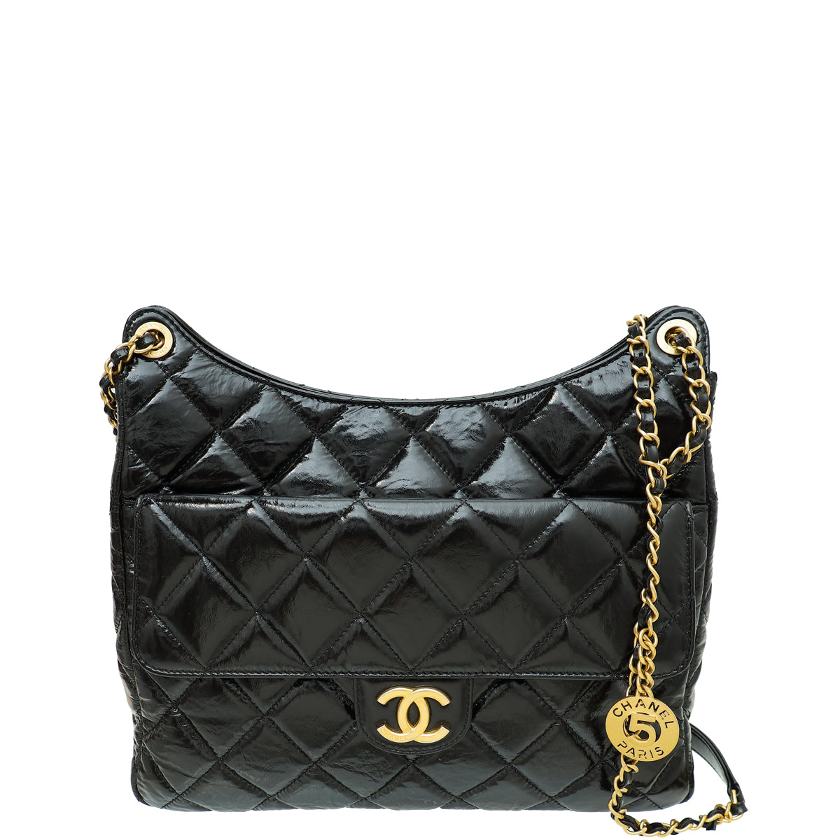 Chanel Black CC Wavy Charm Shiny Crumpled Hobo Large Bag