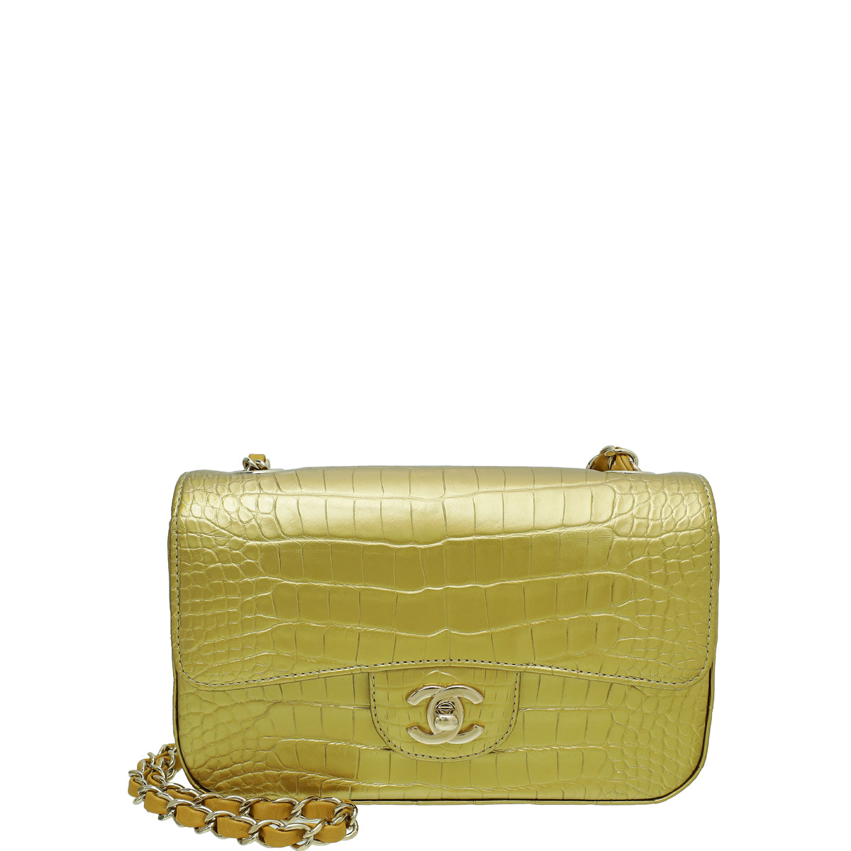 Chanel Metallic Gold Alligator Classic Rectangular Mini Single Flap Bag