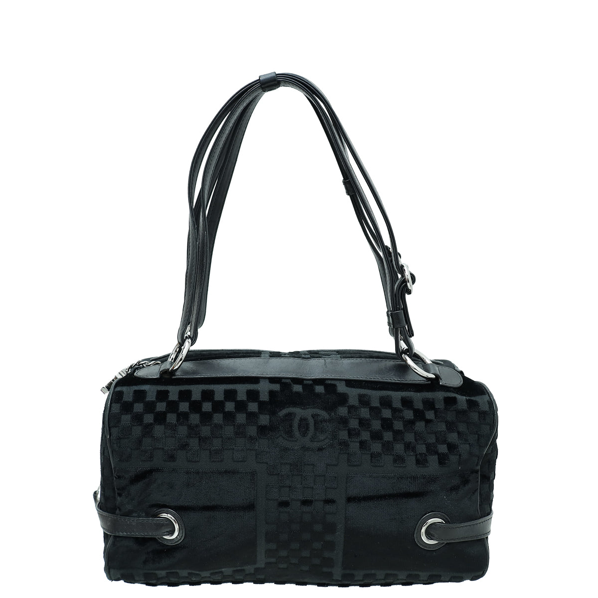 Chanel Black CC Checkered Velvet Shoulder Bag