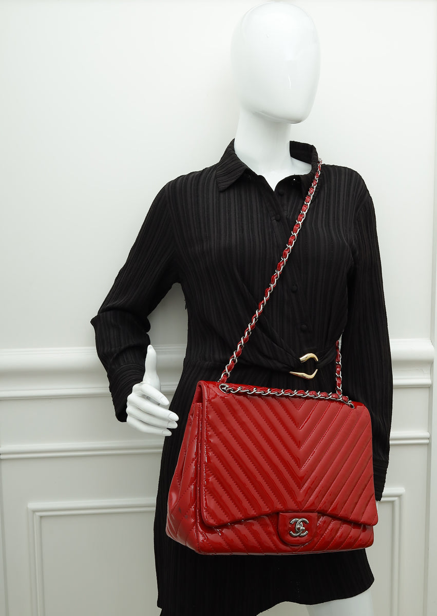 Chanel Red Chevron Classic Single Flap Maxi Bag