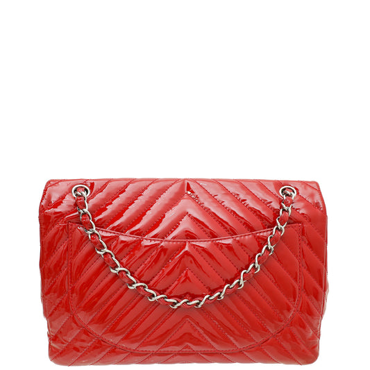 Chanel Red Chevron Classic Single Flap Maxi Bag