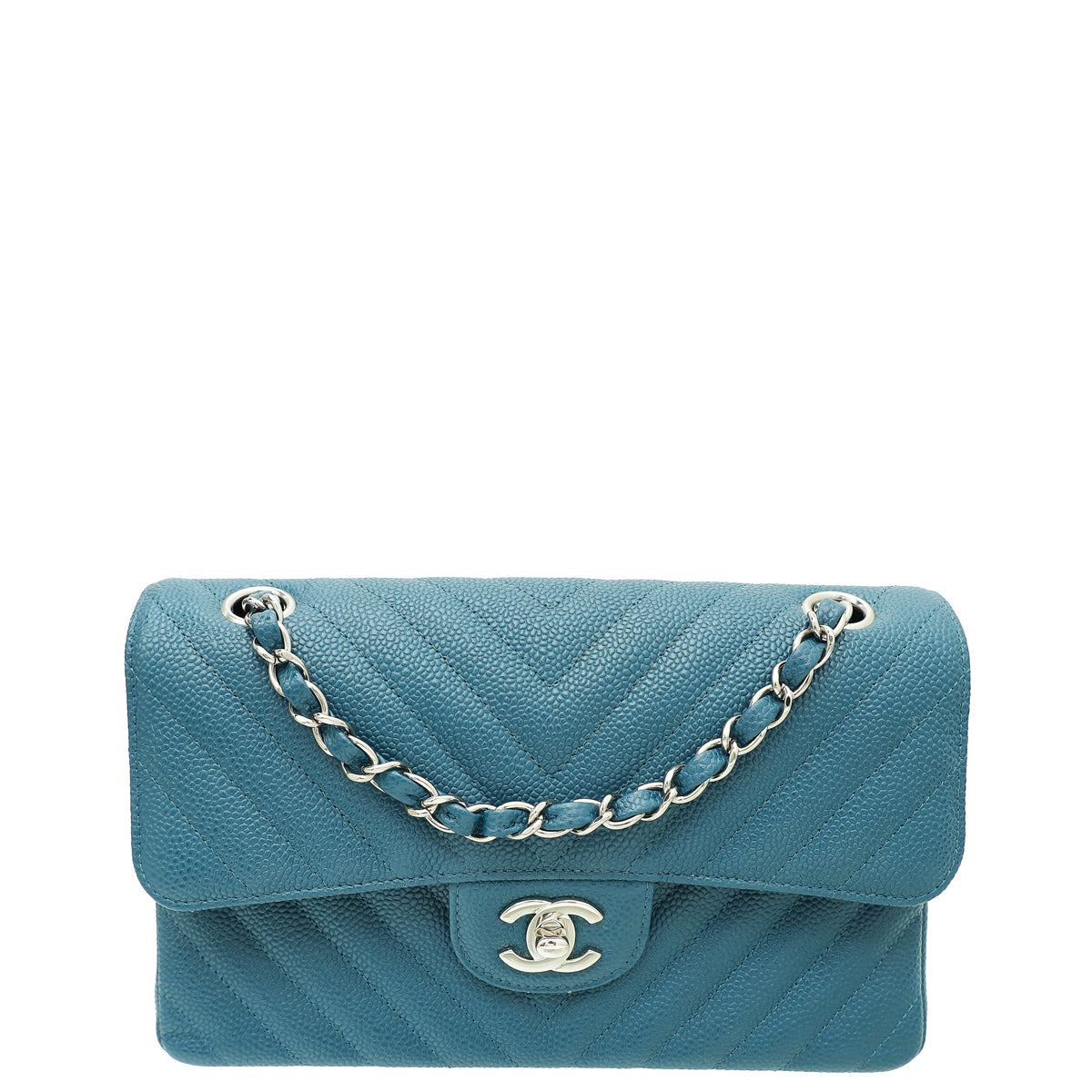 Chanel Teal CC Classic Chevron Double Flap Small Bag