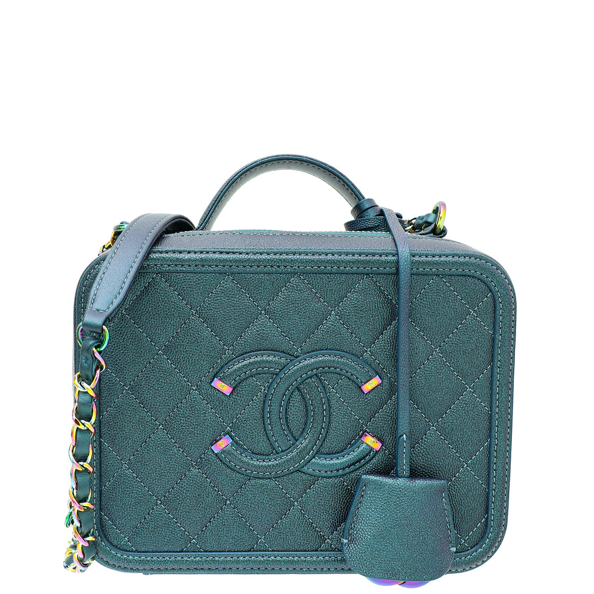 Chanel Metallic Teal Blue CC Filigree Medium Vanity Case