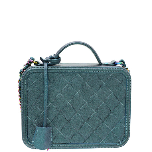 Chanel Metallic Teal Blue CC Filigree Medium Vanity Case