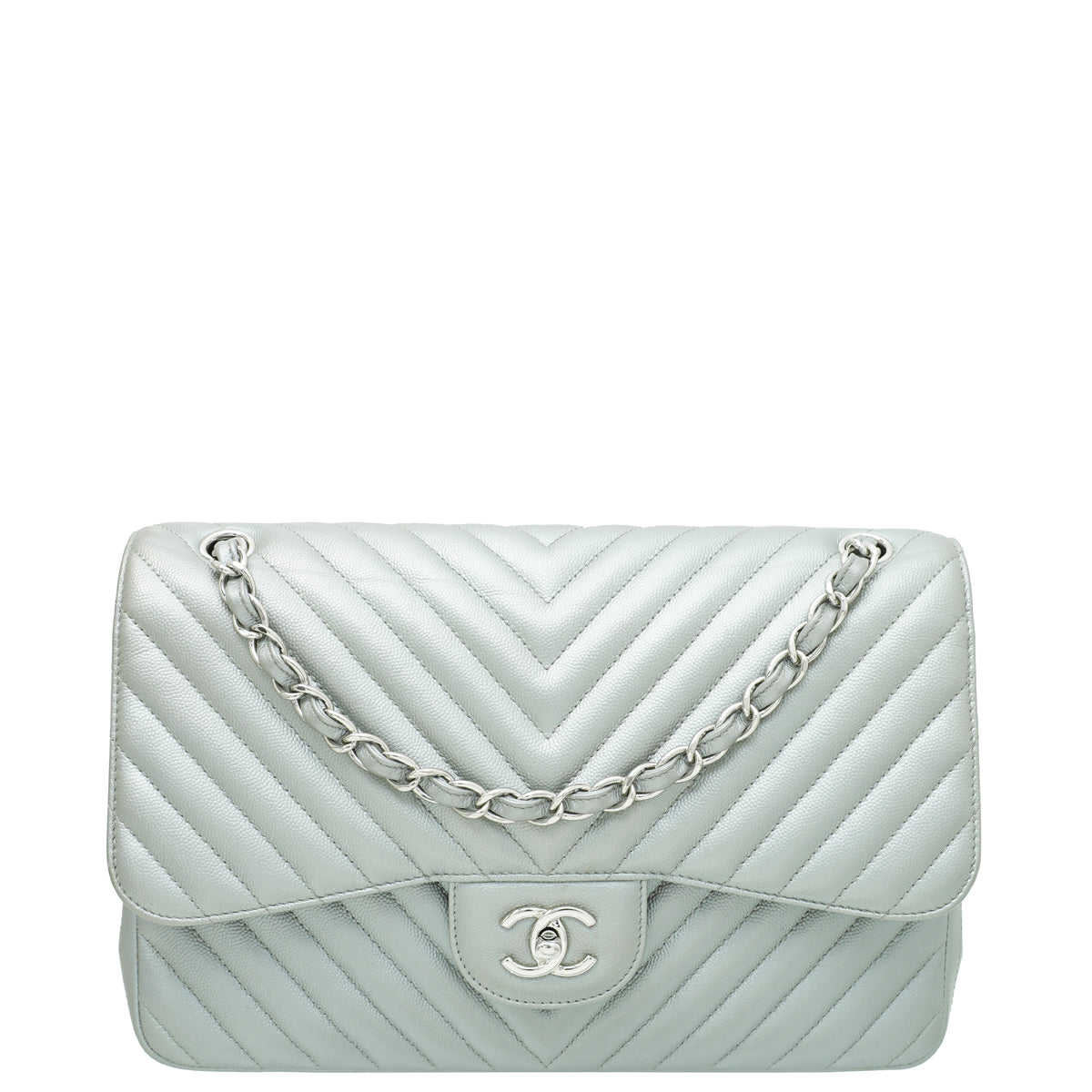 Chanel Metallic Grey Chevron Classic Double Flap Jambo Bag