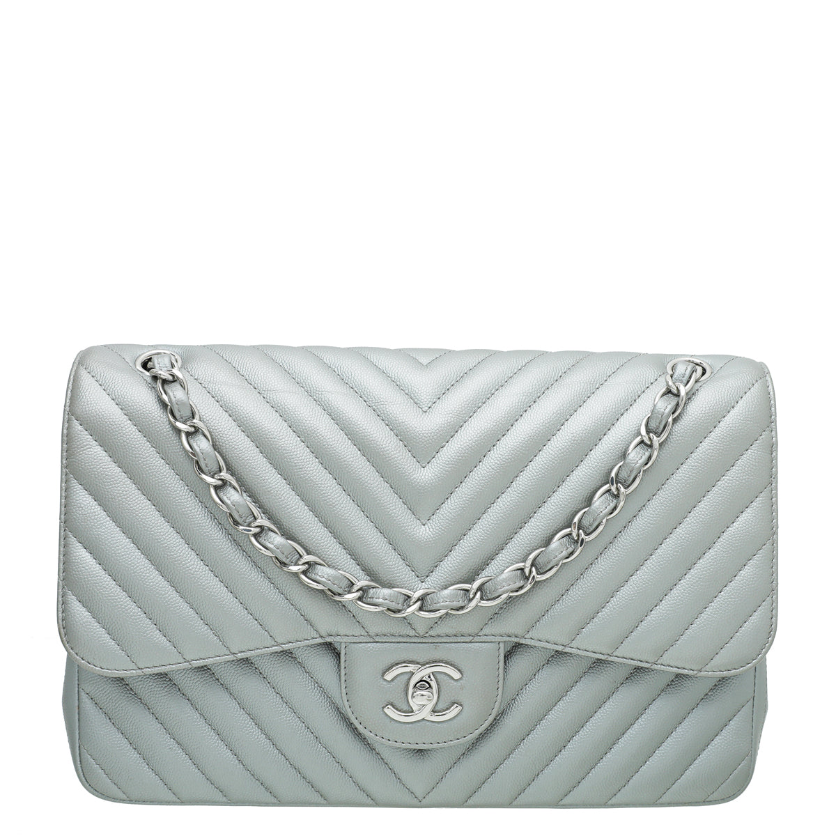 Chanel Grey CC Classic Chevron Double Flap Jumbo Bag