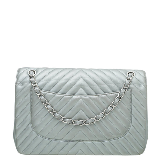 Chanel Grey CC Classic Chevron Double Flap Jumbo Bag