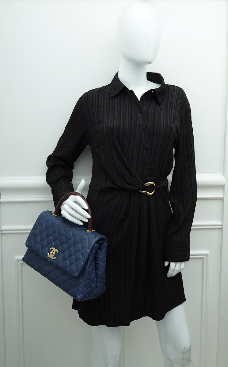 Chanel Navy Blue CC Coco Handle Lizard Touch Small Bag