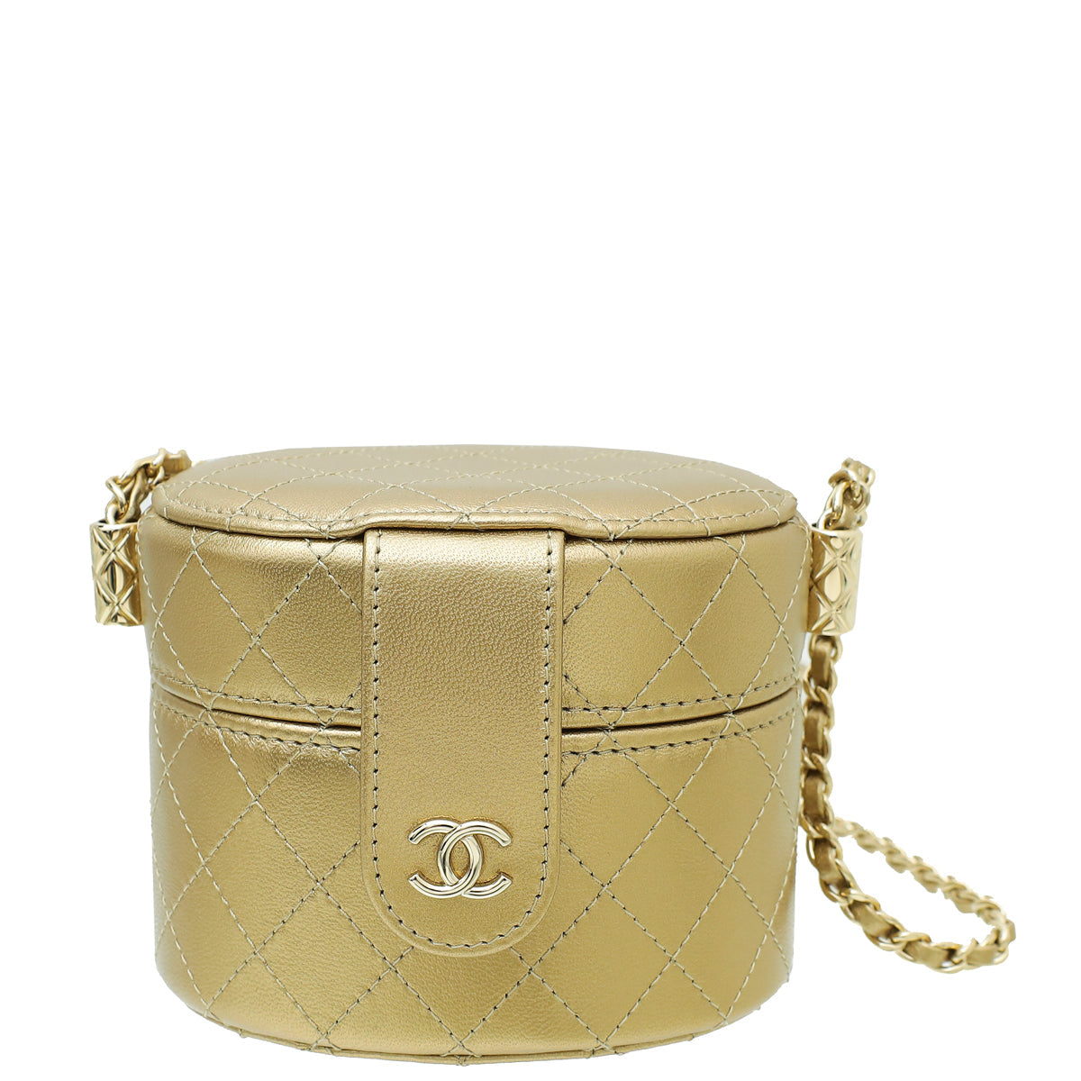 Chanel Bronze CC Round Mini Quilted Vanity Case with Chain