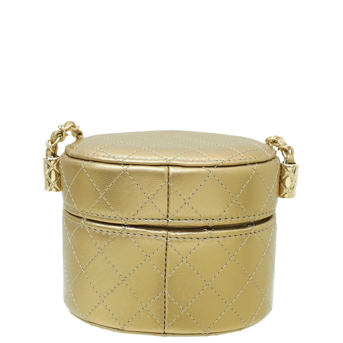 Chanel Bronze CC Round Mini Quilted Vanity Case with Chain