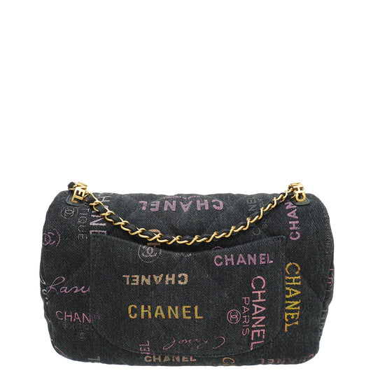 Chanel Black CC Denim Logo Print Small Flap Bag