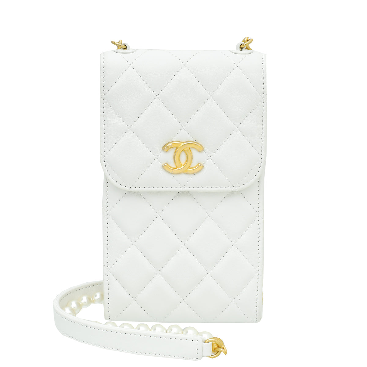 Chanel White CC Pearl Strap Phone Holder