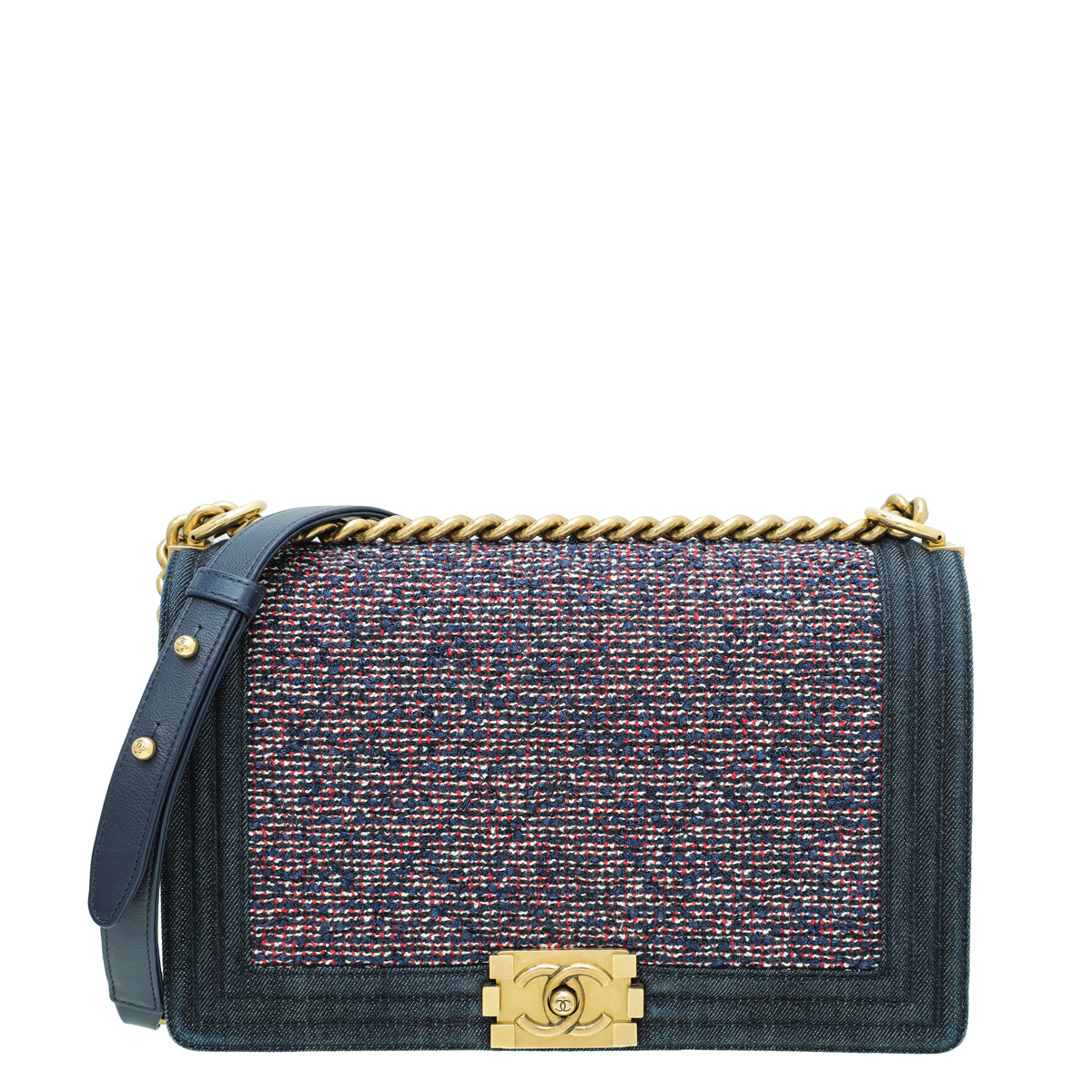 Chanel Navy Blue Le Boy Denim Tweed New Medium Bag