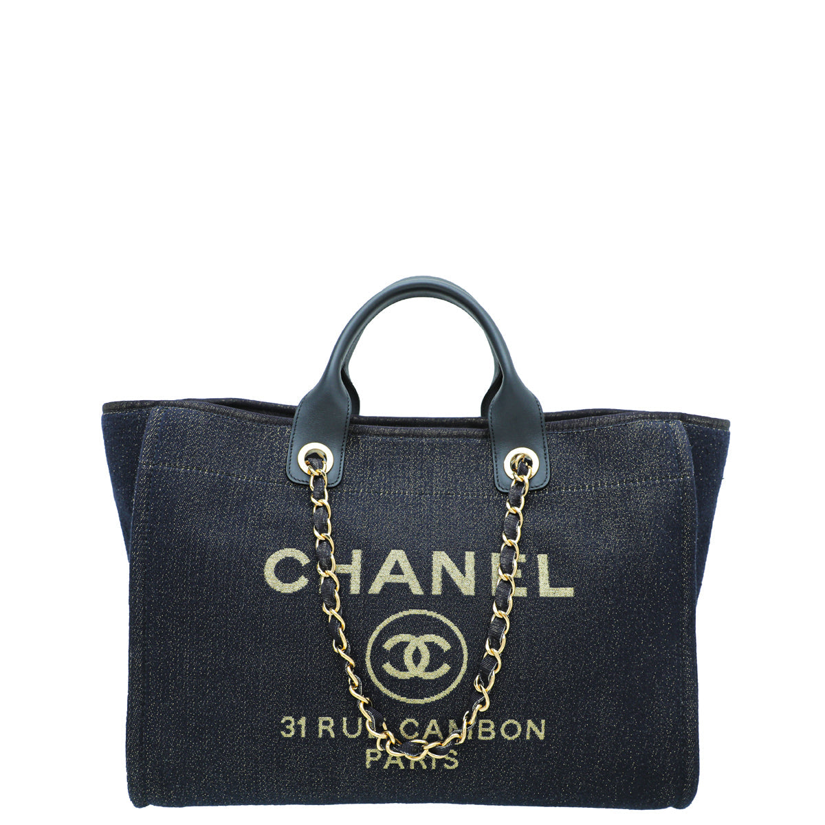 Chanel CC Navy Blue Metallic Fabric Deauville Tote Bag