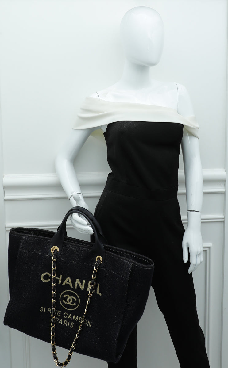 Chanel CC Navy Blue Metallic Fabric Deauville Tote Bag