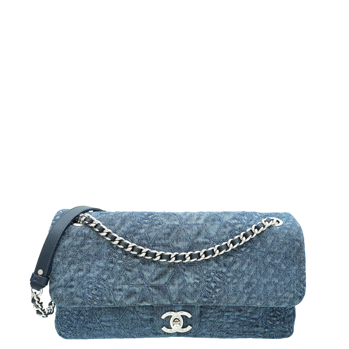 Chanel Blue Denim Camellia Embroidered Flap Bag