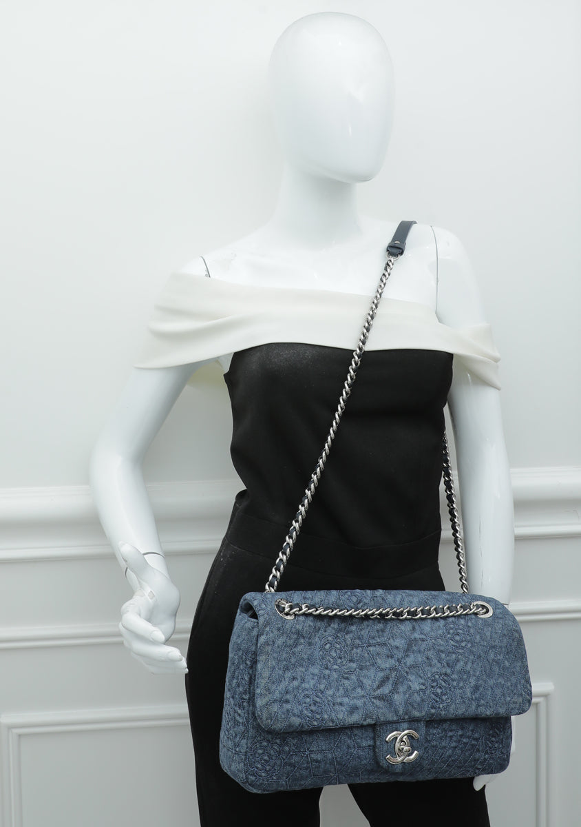 Chanel Blue Denim Camellia Embroidered Flap Bag