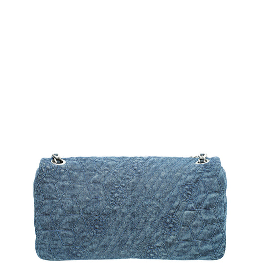 Chanel Blue Denim Camellia Embroidered Flap Bag