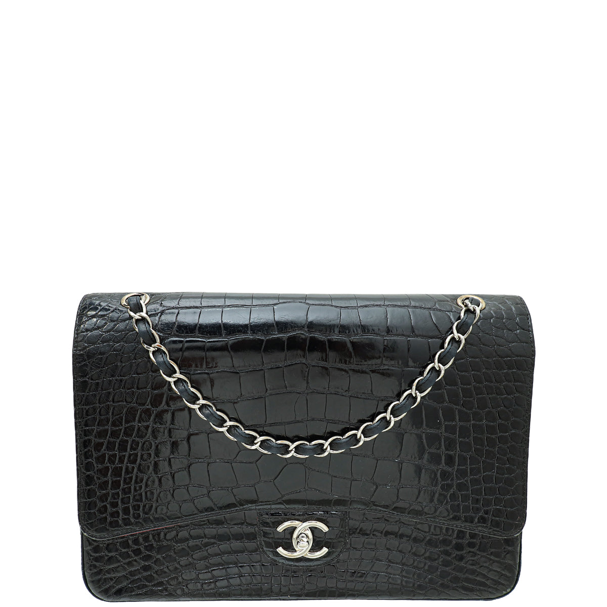 Chanel Black Shiny Alligator Classic Double Flap Maxi Bag