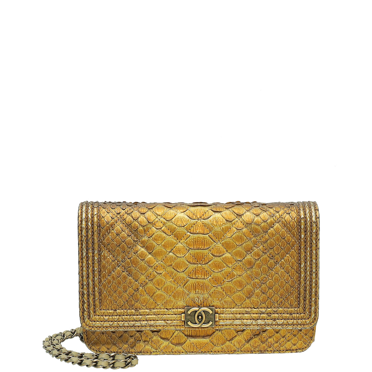 Chanel Metallic Golden Bronze Python Boy Wallet on Chain