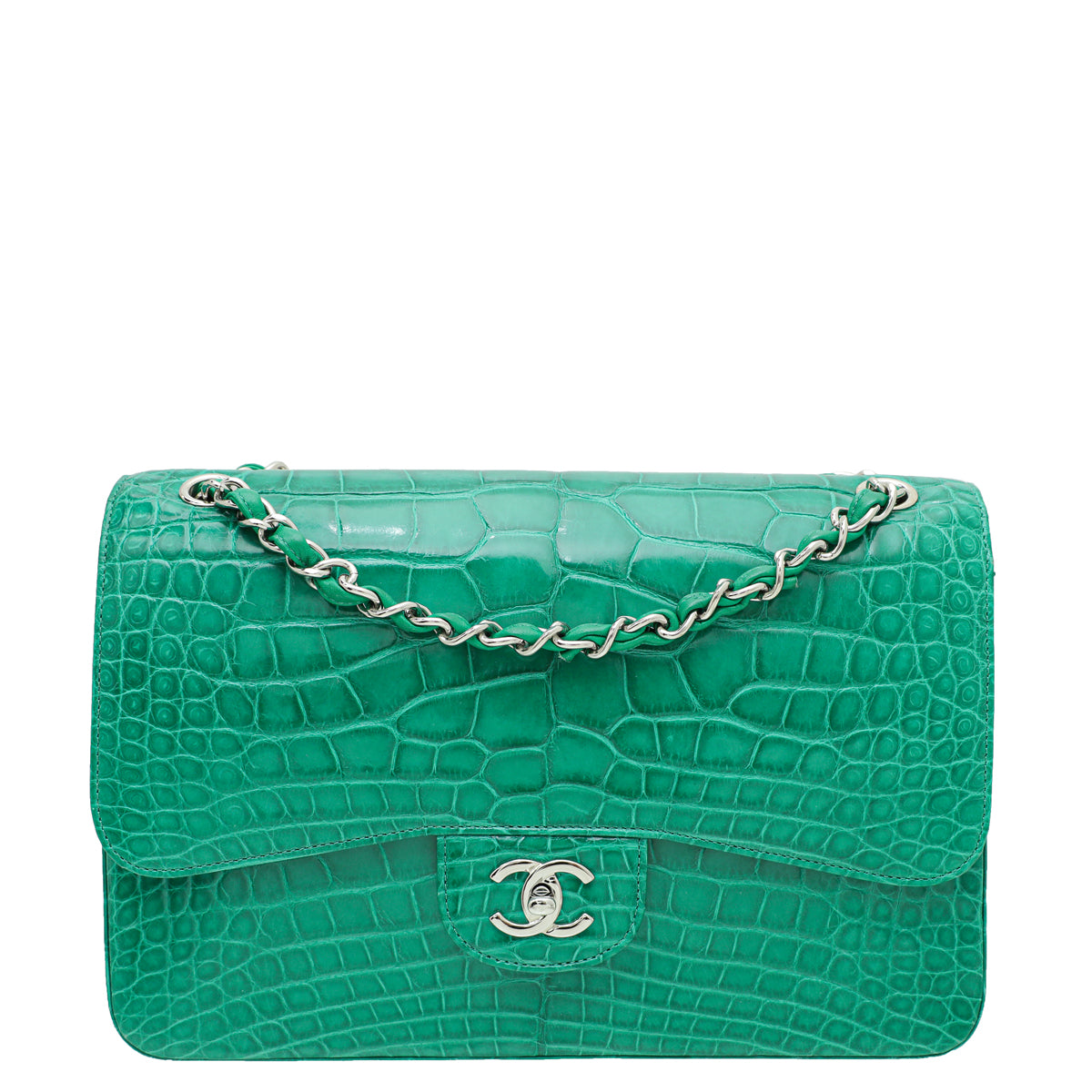 Chanel Green CC Crocodile Classic Double Flap Jumbo Bag