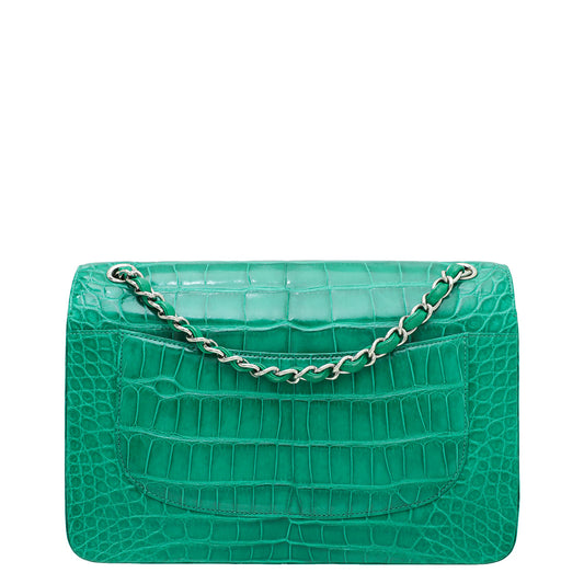 Chanel Green CC Crocodile Classic Double Flap Jumbo Bag