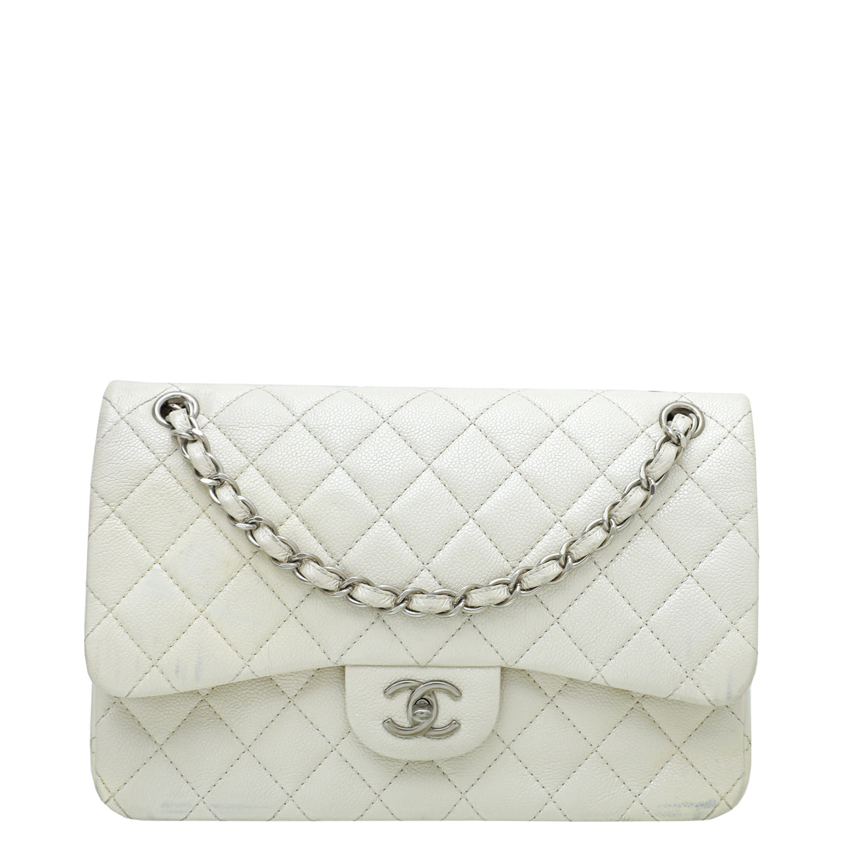 Chanel Metallic White CC Classic Double Flap Jumbo Bag