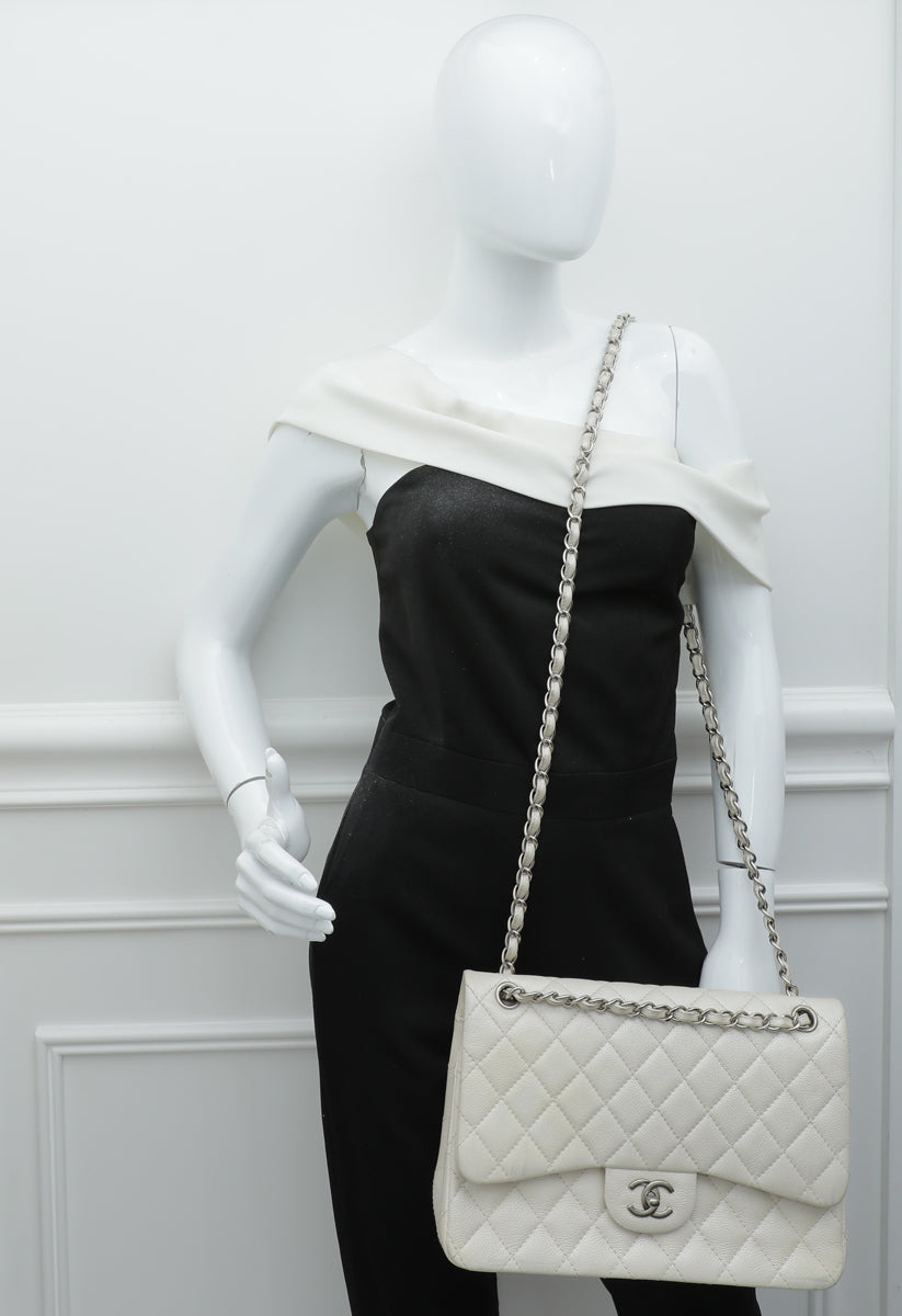 Chanel Metallic White CC Classic Double Flap Jumbo Bag