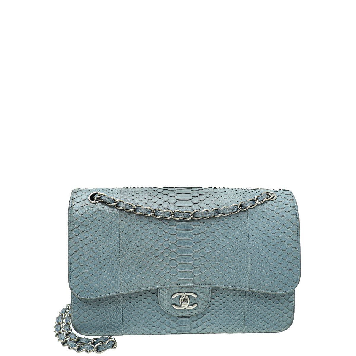 Chanel Bluish Grey Python CC Classic Double Flap Jumbo Bag