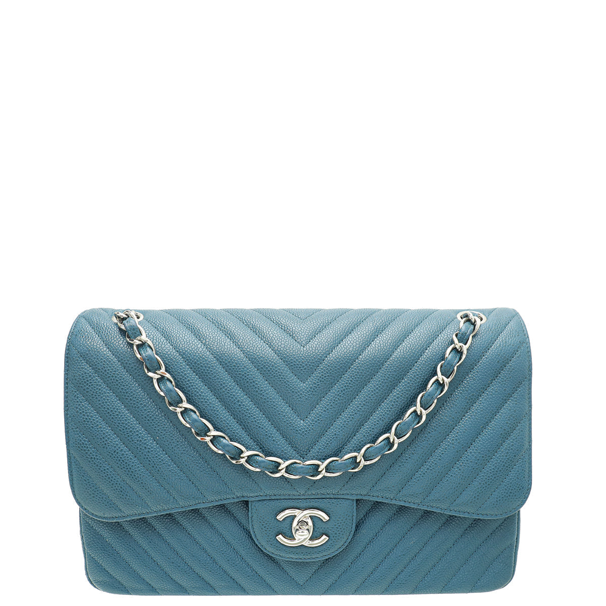 Chanel Teal CC Chevron Double Flap Jumbo Bag