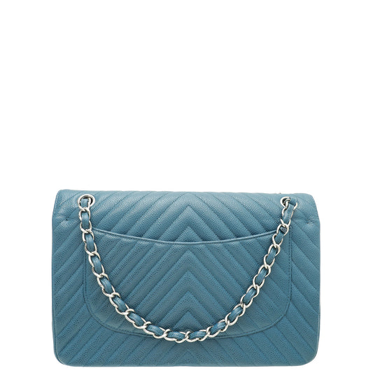 Chanel Teal CC Chevron Double Flap Jumbo Bag