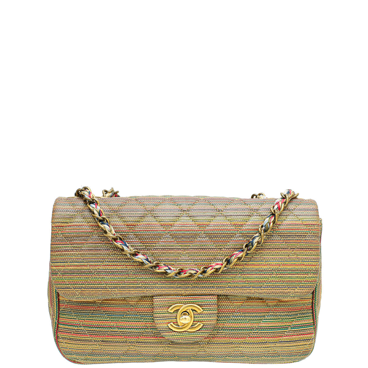 Chanel Gold Multicolor CC Classic Stripe Metallic Sheepskin Small Flap Bag