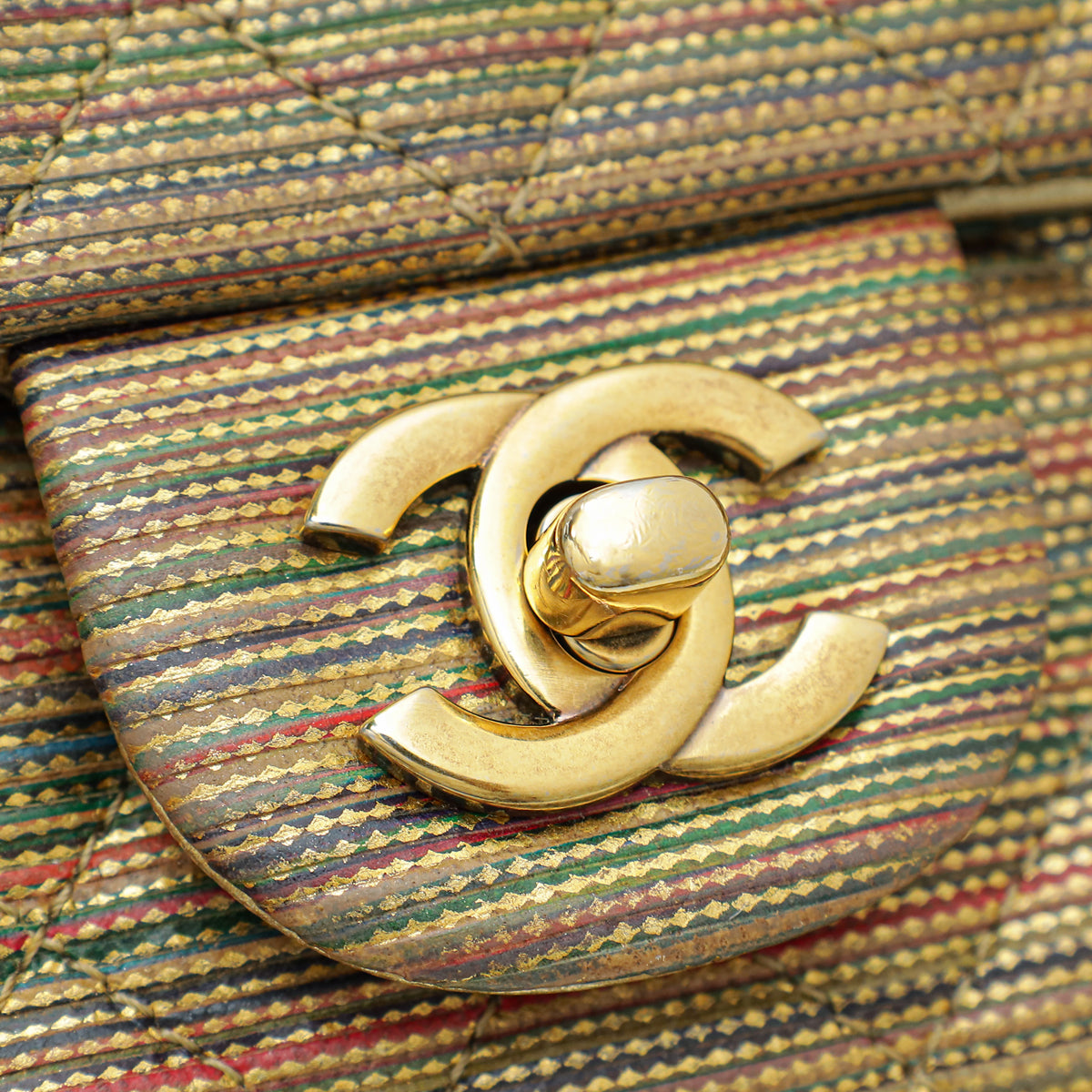 Chanel Gold Multicolor CC Classic Stripe Metallic Sheepskin Small Flap Bag