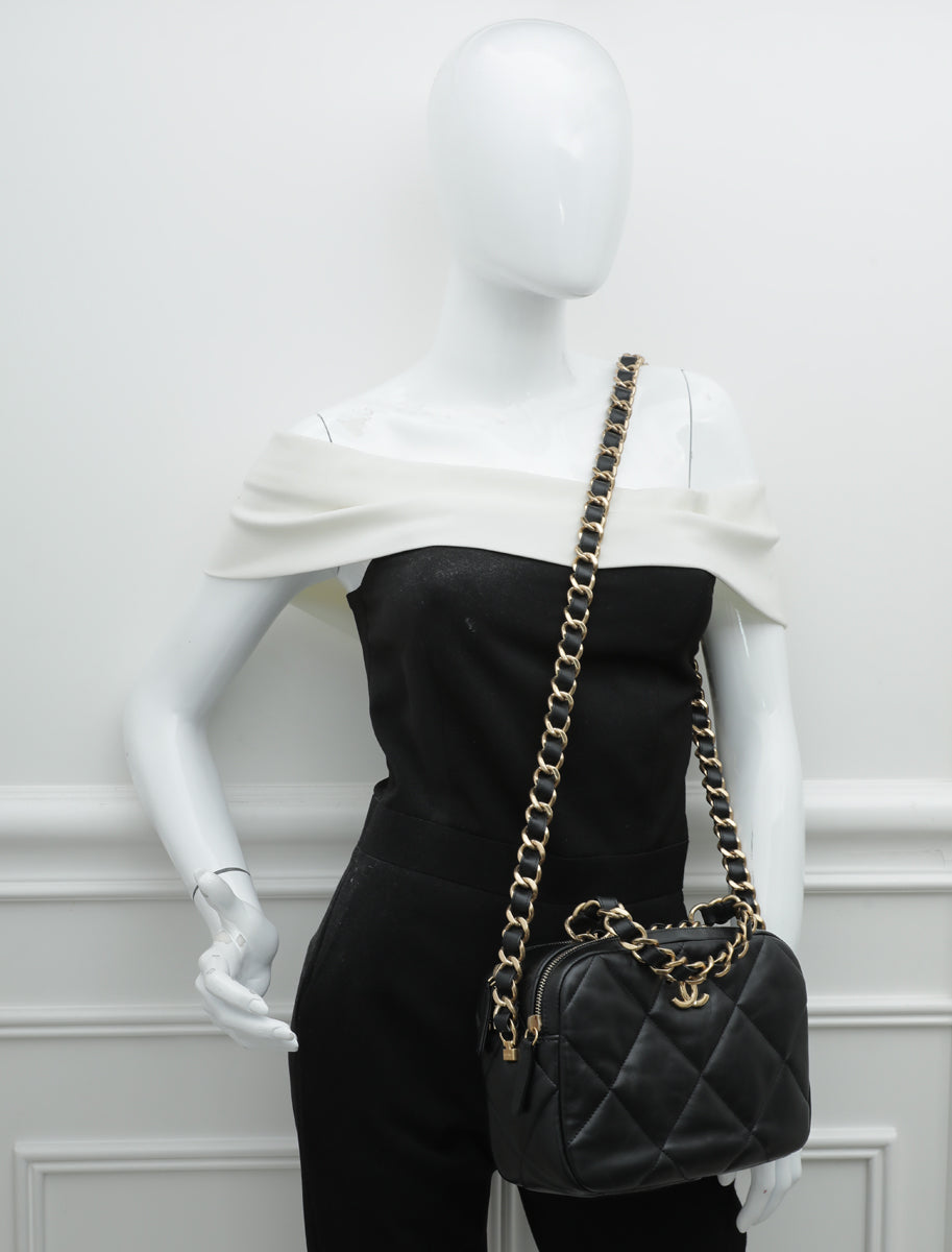 Chanel Black Double Zip Chain Top Handle Camera Bag