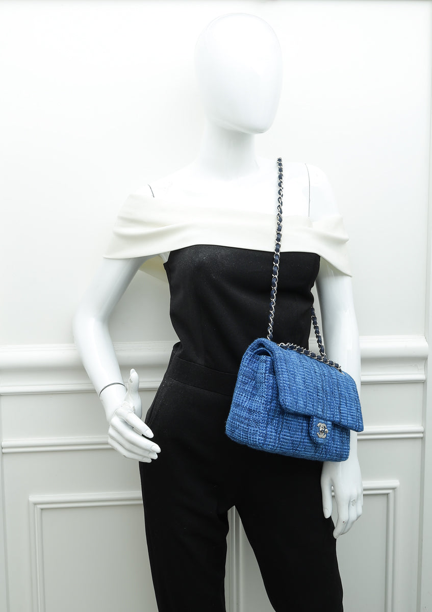 Chanel Blue Tweed Classic Double Flap Medium Bag