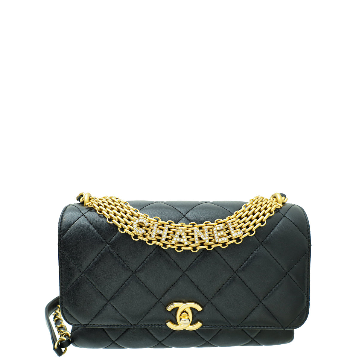 Chanel Black CC Crystal Logo Chain Flap Bag