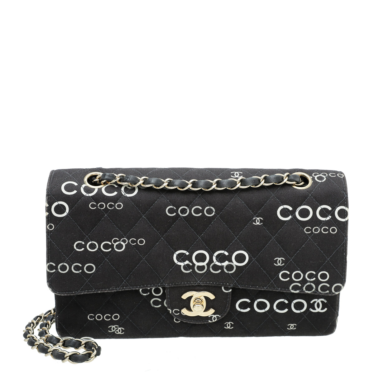 Chanel Black Coco Print Double Flap Medium Bag