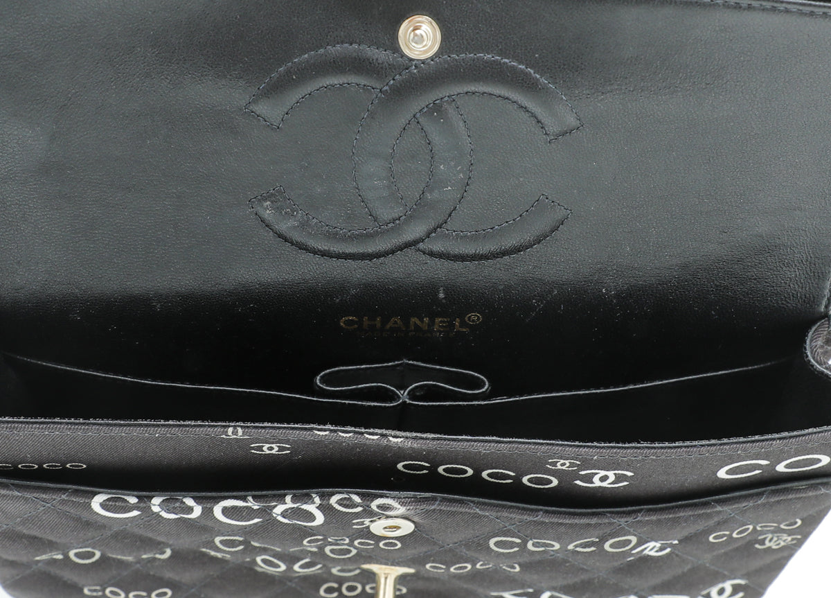 Chanel Black Coco Print Double Flap Medium Bag