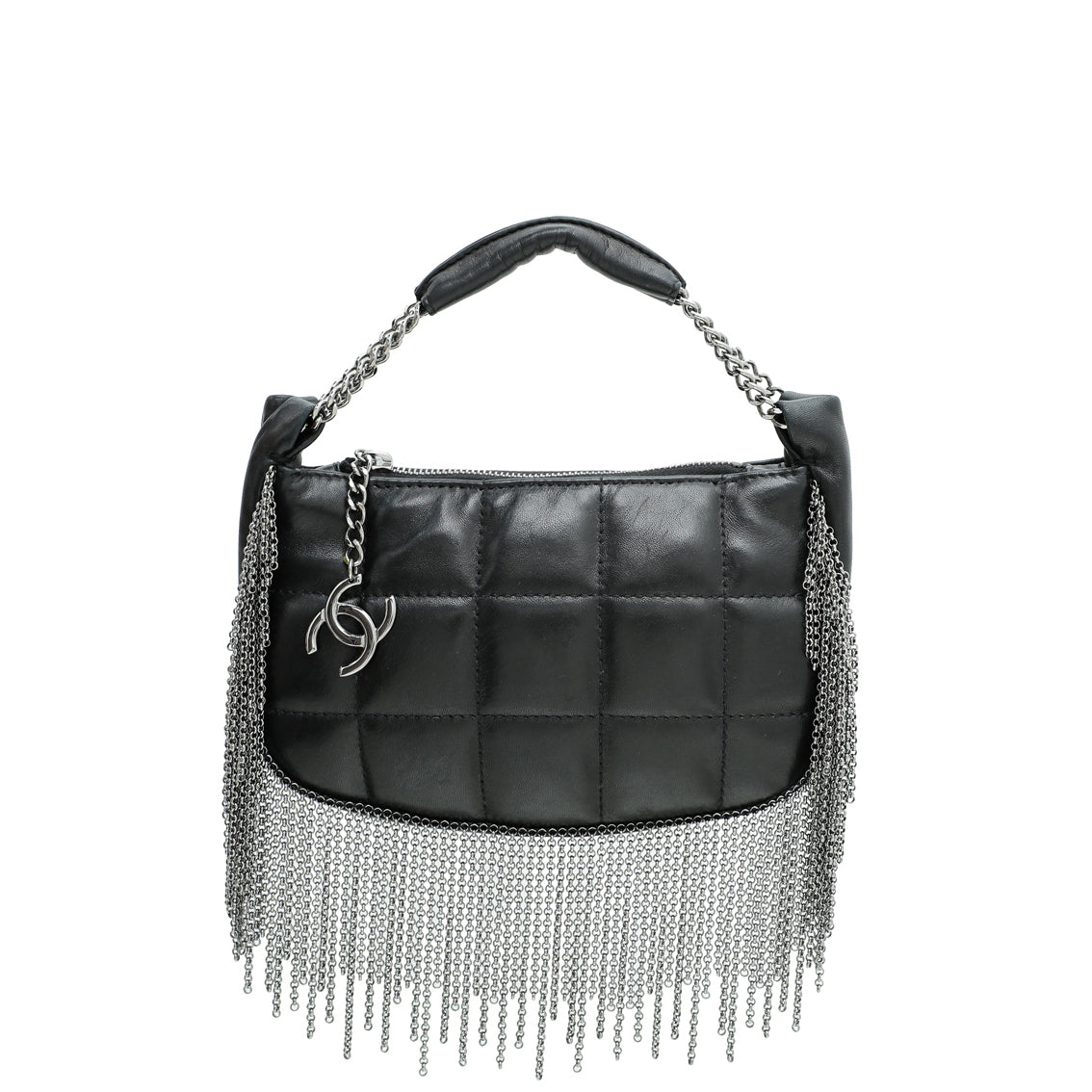 Chanel Black CC Chocolate Bar Fringe Chain Hobo Pouch