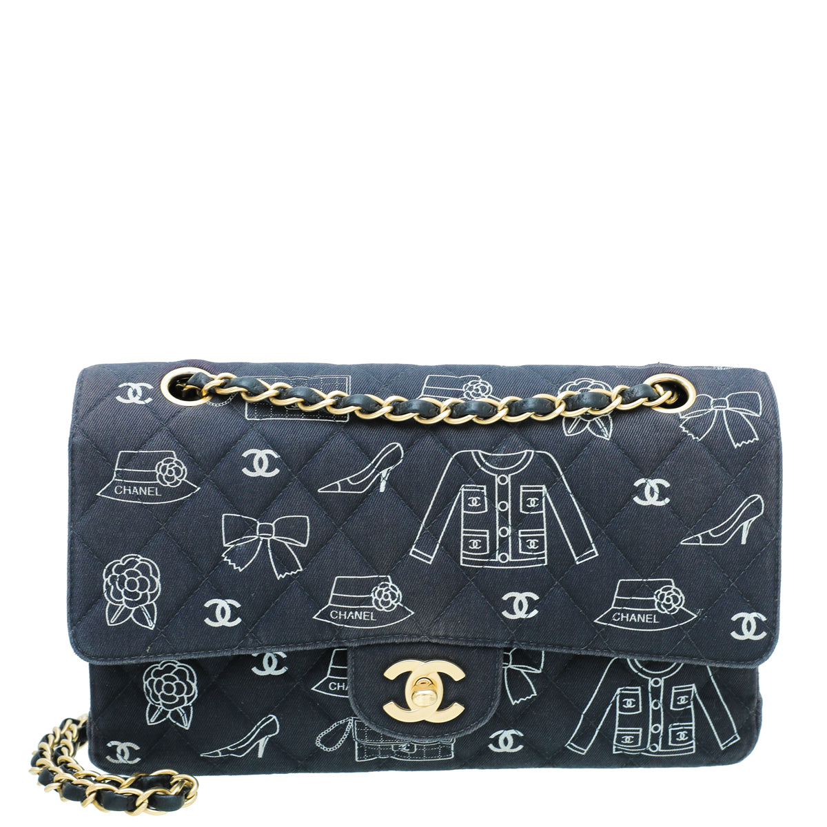 Chanel Navy Icon Print Canvas Double Flap Medium Bag